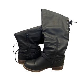 XoXo Marilia Wide Calf Lace Up Back Boots 8M Black Faux Leather Braided